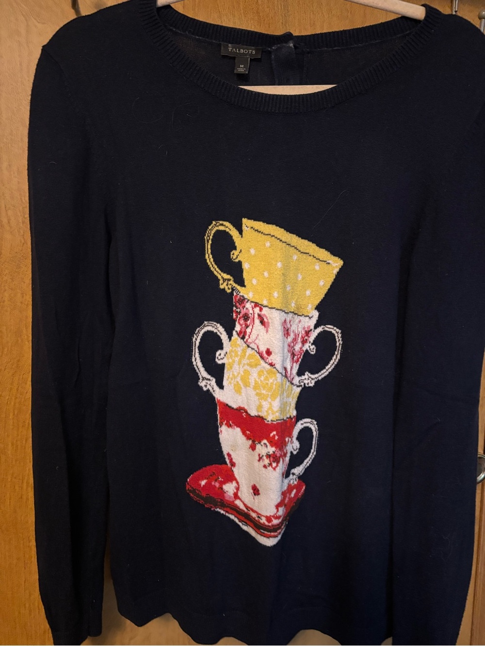 Talbots Navy Crewneck Sweater with Stacked Teacup Motif